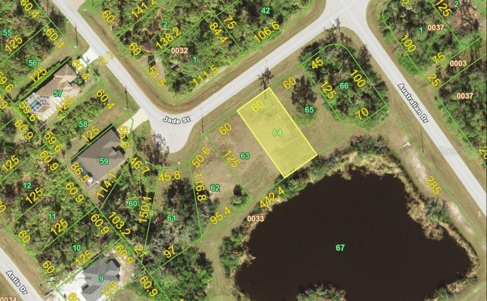 This is a satellite map showing a highlighted residential lot next to a pond — 155 JADE STREET, ROTONDA WEST, FL