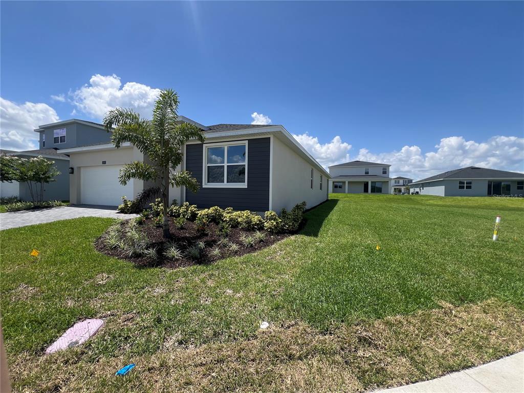 A single-story house with a white garage, dark siding, and a palm tree in front — 1605 STONECLIFF DRIVE, APOPKA, FL