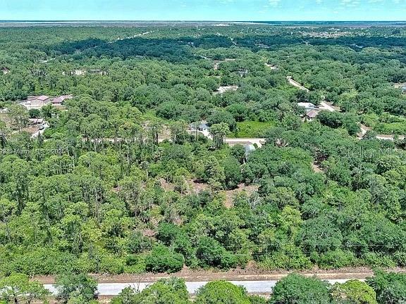 An aerial view shows a wooded lot bordered by a road with nearby residential houses — 1908 MCARTHUR AVENUE, LEHIGH ACRES, FL