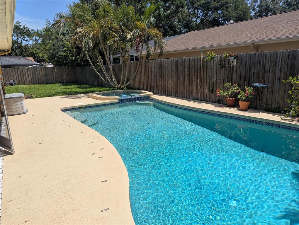 A backyard features a swimming pool with an attached spa, palm trees, and a wooden fence — 5710 S BERNIE STREET, TAMPA, FL