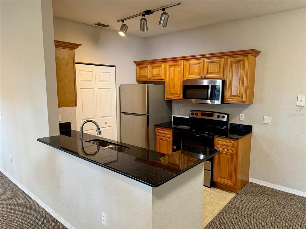 A kitchen features wood cabinets, black countertops, stainless steel appliances, and a breakfast bar — 826 GRAND REGENCY POINT UNIT 203, ALTAMONTE SPRINGS, FL
