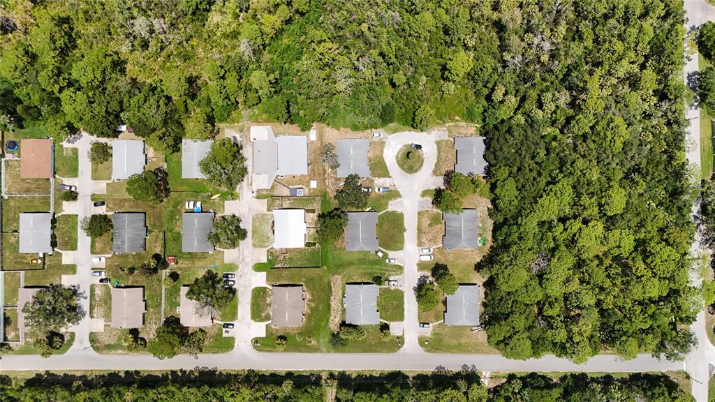 An aerial view shows a residential neighborhood with several houses surrounded by dense green trees — 9981 W FANWOOD LANE, CRYSTAL RIVER, FL