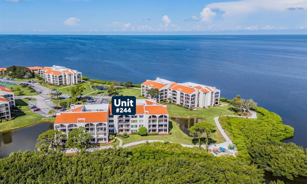 An aerial view shows a multi-story residential building complex situated along a waterfront — 244 MARINER DRIVE UNIT 244, TARPON SPRINGS, FL