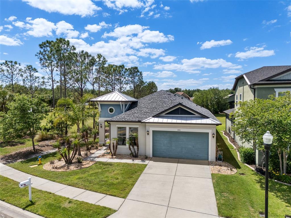 A single-story house with a blue garage door, metal roof accents, and a landscaped yard — 4501 ROLLING GREEN DRIVE, WESLEY CHAPEL, FL