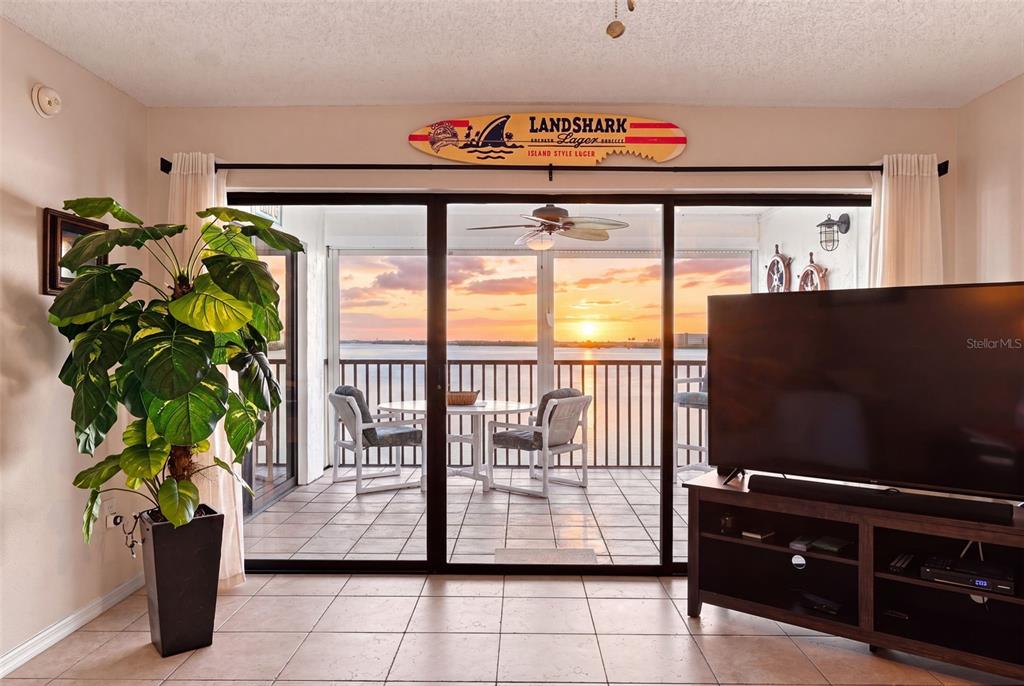 A living room features a large television, a potted plant, and sliding doors overlooking water — 3601 S BANANA RIVER BOULEVARD UNIT A304, COCOA BEACH, FL