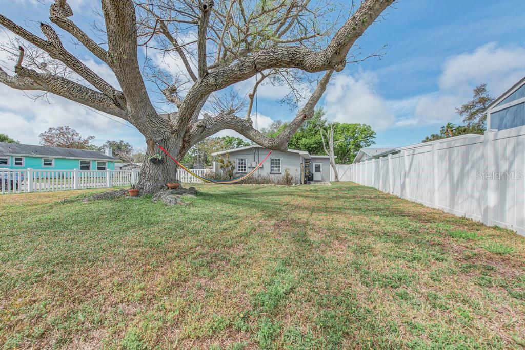 A large tree with a hammock stands in a grassy backyard enclosed by white fencing — 1202 26TH AVENUE W, PALMETTO, FL