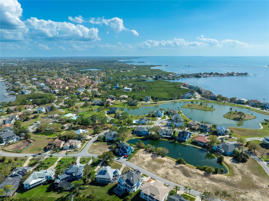 An aerial view shows a coastal residential neighborhood with houses surrounding several ponds and mangroves — HARBOUR WATCH DRIVE, TARPON SPRINGS, FL