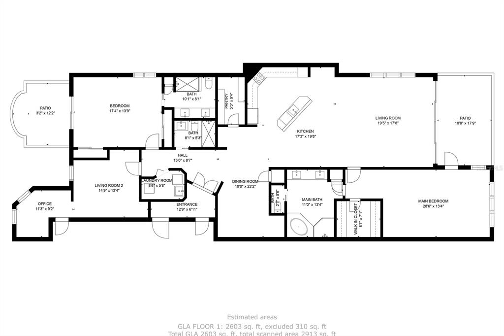 This floor plan shows a residential layout with a kitchen, living areas, and multiple bedrooms — 1090 PINELLAS BAYWAY S UNIT A5, ST PETERSBURG, FL
