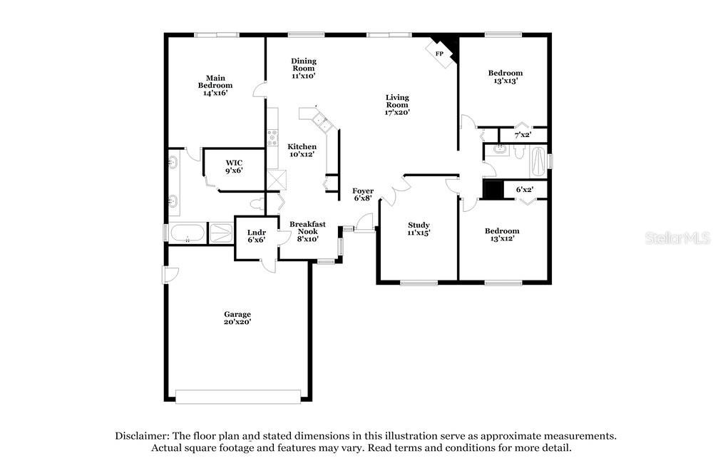 This is a floor plan showing a single-story house layout with a garage and three bedrooms — 6033 LIVE OAK DRIVE, WINTER HAVEN, FL