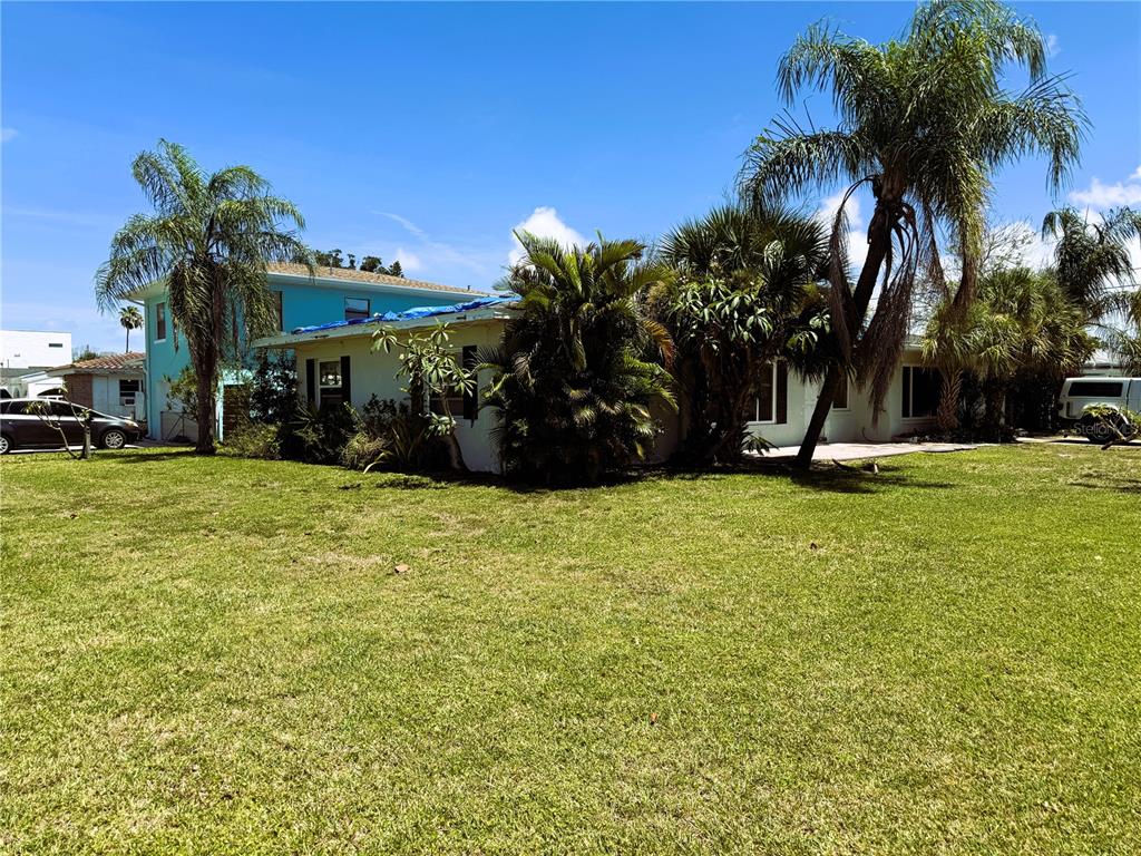 A light-colored house with a blue-tarped roof sits behind a large lawn with palm trees — 102 158TH AVENUE, REDINGTON BEACH, FL