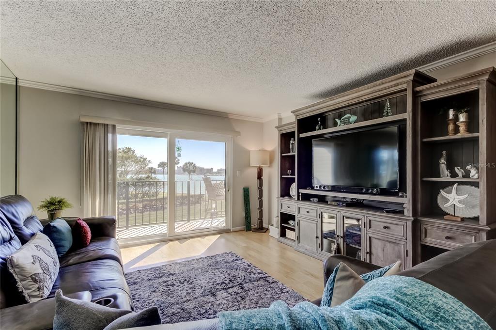 A living room features a large entertainment center, a leather sofa, and a balcony view — 650 ISLAND WAY UNIT 206, CLEARWATER BEACH, FL