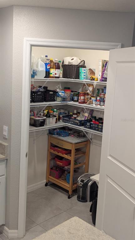 A walk-in pantry features white wire shelving, tiled flooring, and a wooden rolling cart — 3719 CAPRI COAST DRIVE, PLANT CITY, FL