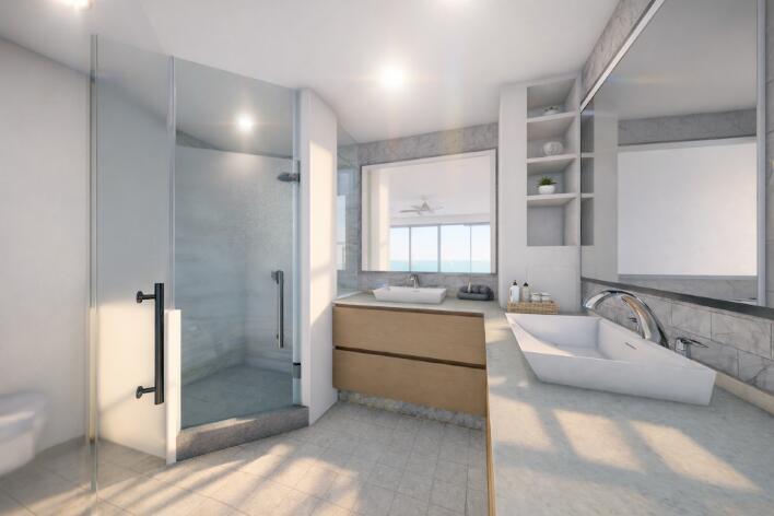 This rendering shows a modern bathroom with a glass shower, floating vanity, and vessel sink — 1225 S Ocean Boulevard # 406, Delray Beach FL 33483, DELRAY BEACH, FL