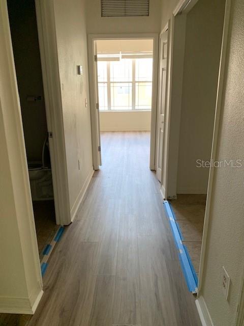 A hallway with light wood-look flooring leads to a doorway with a windowed view — 4247 TYLER CIRCLE N, ST PETERSBURG, FL