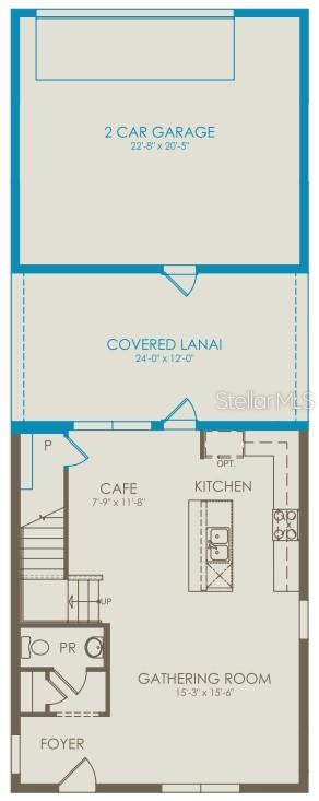 This floor plan shows the first level of a home with a garage, lanai, and kitchen — 10728 LEAFY LAUREL STREET, ORLANDO, FL