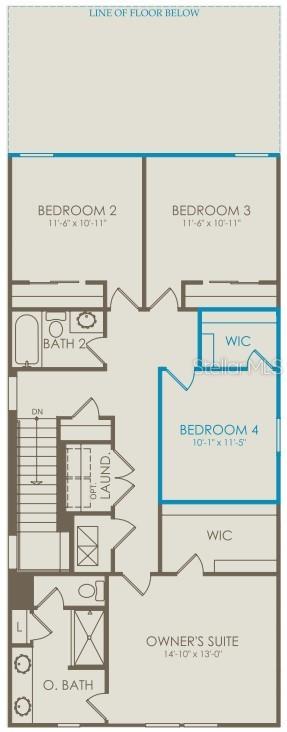 This is a floor plan of a residential second story featuring four bedrooms and two bathrooms — 10728 LEAFY LAUREL STREET, ORLANDO, FL
