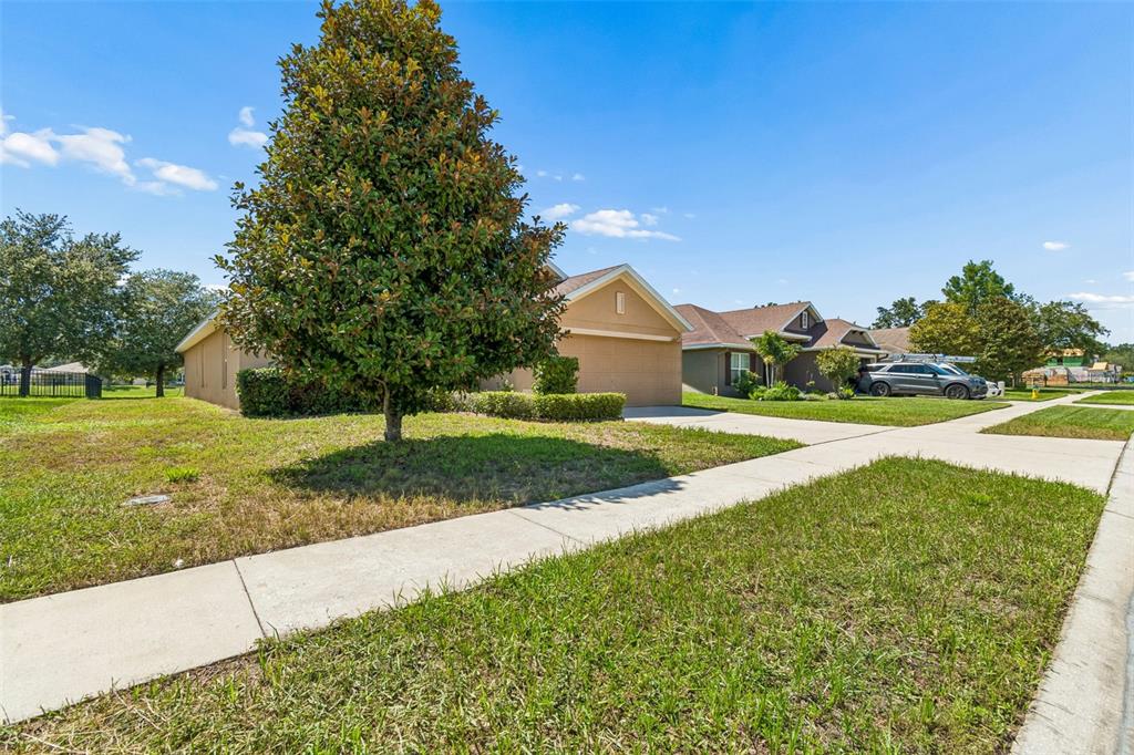 A tan single-story house with a two-car garage and a large tree in the front — 13613 NITI DRIVE, HUDSON, FL