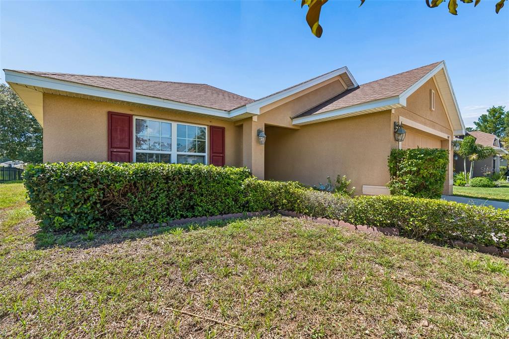 A single-story house with tan stucco siding, a brown shingled roof, and a front hedge — 13613 NITI DRIVE, HUDSON, FL