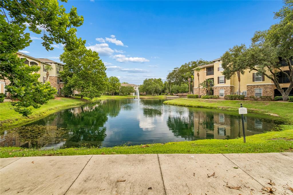 A view of a pond with a fountain between two apartment buildings and green trees — 10203 COURTNEY PALMS BOULEVARD UNIT 103, TAMPA, FL