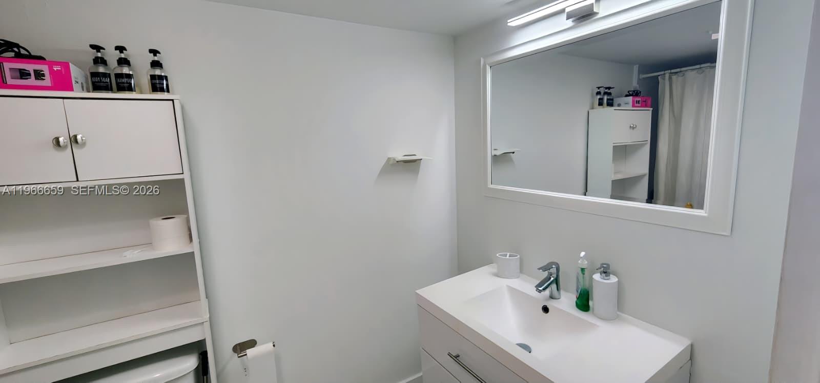 A bathroom features a white vanity, a wall-mounted storage cabinet, and a large rectangular mirror — 555 NE 15th St # 516, Miami FL 33132, MIAMI, FL