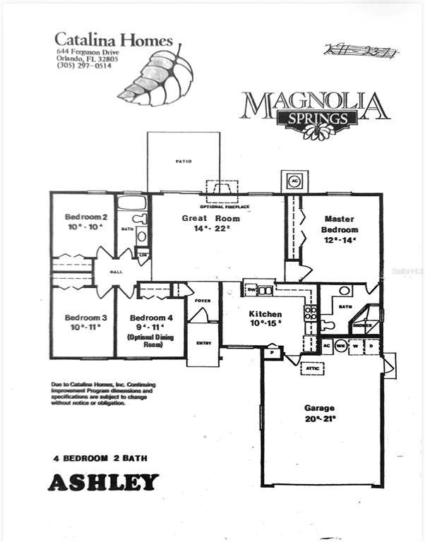 This is a floor plan for a four-bedroom, two-bathroom house named the Ashley — 9132 NEW ORLEANS DRIVE, ORLANDO, FL