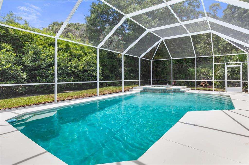 A swimming pool and attached spa are enclosed within a white-framed screened lanai — 9 VIA VERONA, PALM COAST, FL, FL