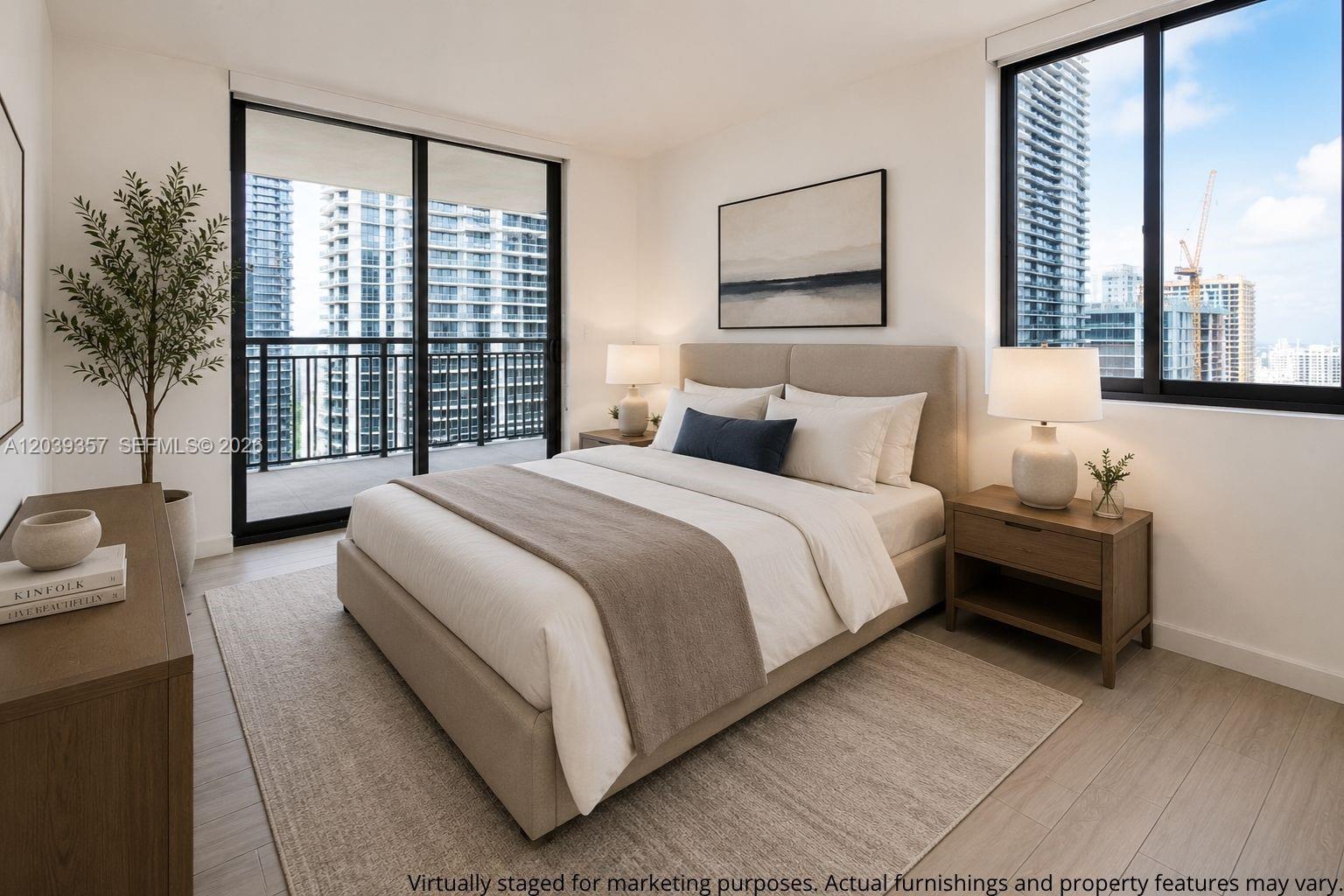 A modern bedroom features a queen bed, two nightstands, and a balcony with city views — 999 SW 1st Ave # 2402, Miami FL 33130, MIAMI, FL