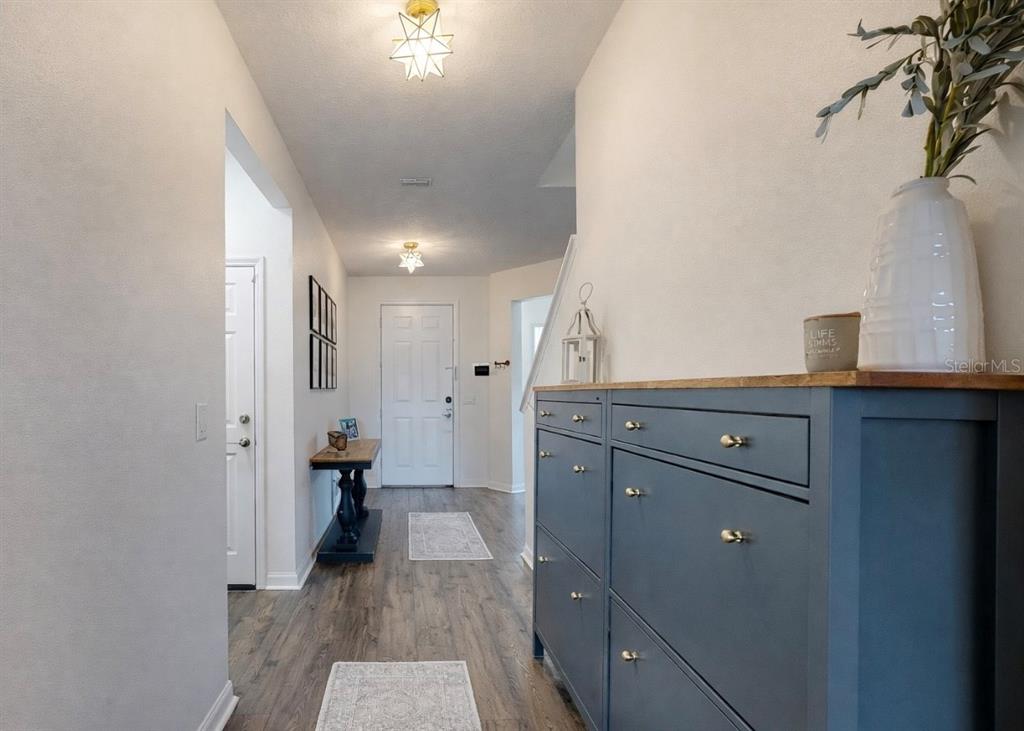 A hallway features wood-look flooring, a blue storage cabinet, and two star-shaped ceiling light fixtures — 10322 WINE PRESS AVENUE, RIVERVIEW, FL