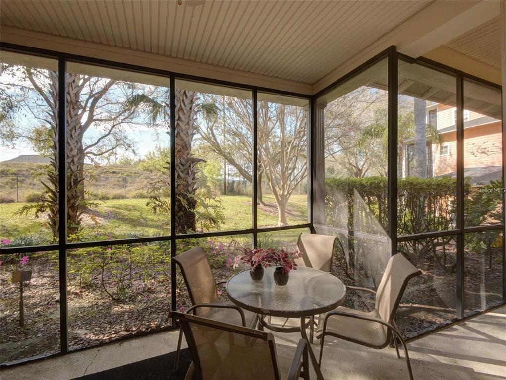 A screened-in patio features a glass-topped table with chairs overlooking a grassy yard and trees — 204 NEW PROVIDENCE UNIT 10104, DAVENPORT, FL