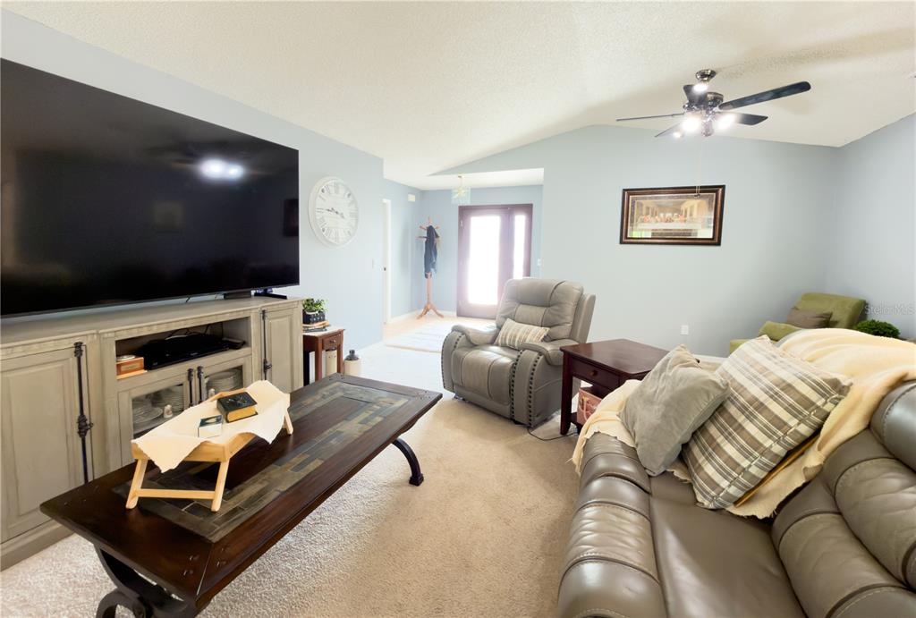 A living room features a large television, leather furniture, a coffee table, and carpeted flooring — 32676 OAK PARK DRIVE, LEESBURG, FL