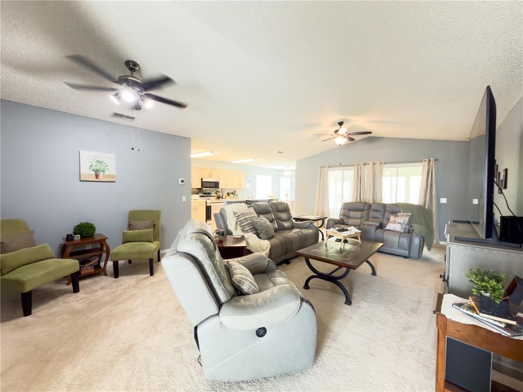 A living room features gray walls, carpeted floors, two ceiling fans, and gray leather furniture — 32676 OAK PARK DRIVE, LEESBURG, FL