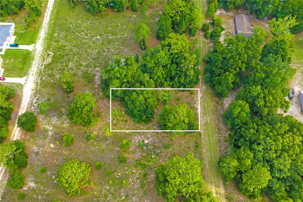An aerial view shows a rectangular plot of land outlined in white amidst wooded terrain — 000 SW 146 COURT, OCALA, FL