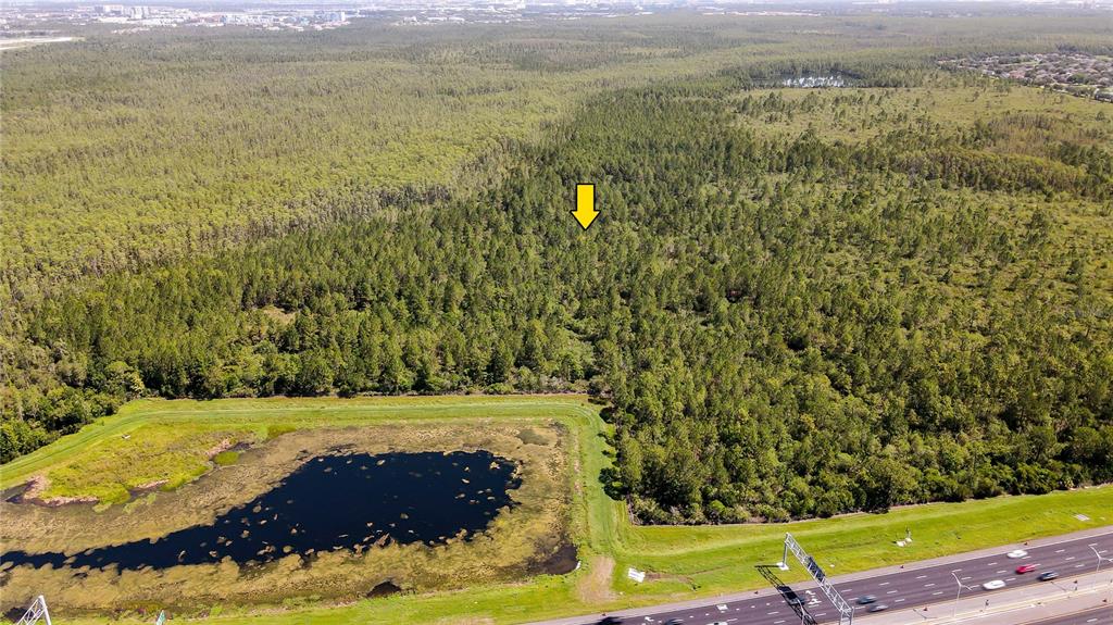 An aerial view shows a wooded lot located next to a highway and a pond — Vacant Land on INTERNATIONAL DRIVE S, ORLANDO, FL