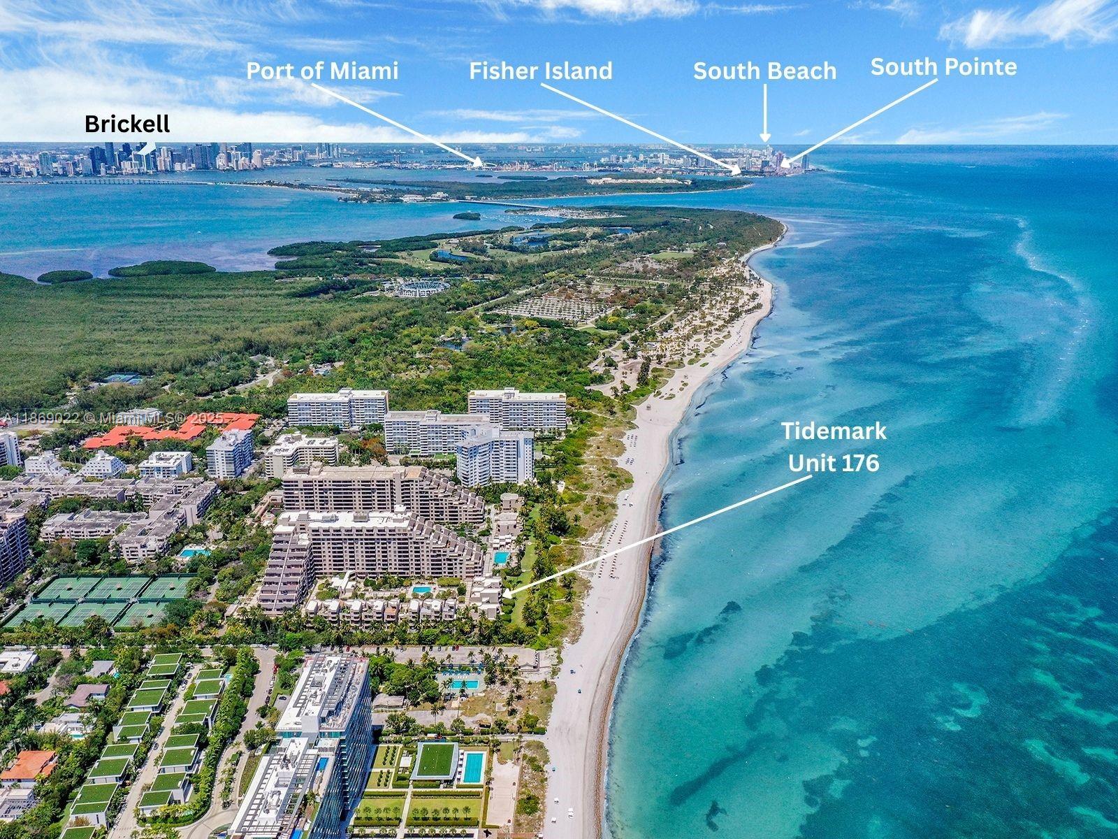 An aerial view shows a beachfront residential complex with tennis courts and surrounding tropical vegetation — 201 Crandon Blvd # 176, Key Biscayne FL 33149, KEY BISCAYNE, FL
