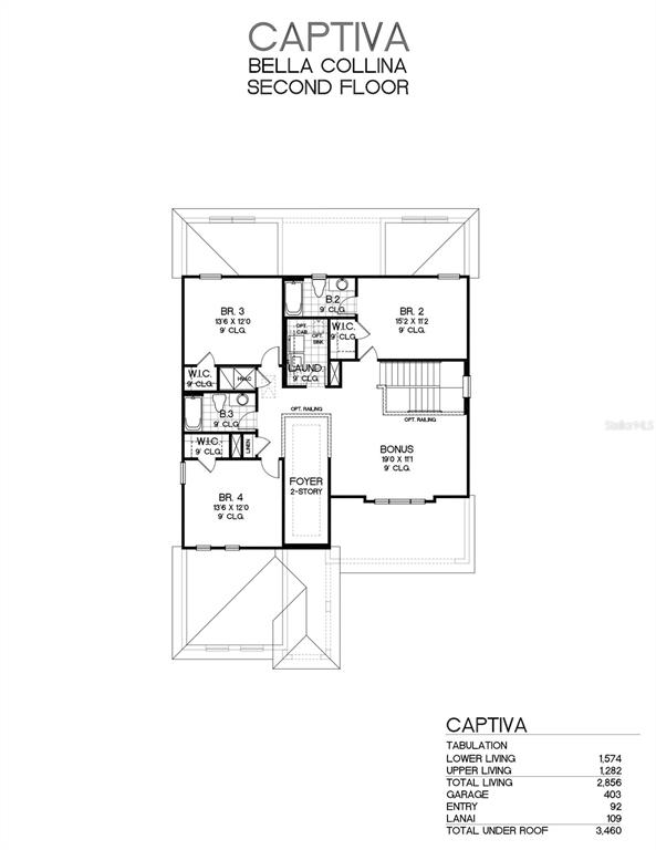 This floor plan shows the second level of a home featuring three bedrooms and a bonus — 5307 SPADERDOCK LANE, APOPKA, FL