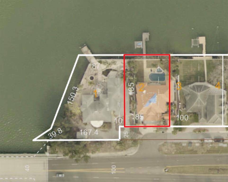This is an aerial map showing property boundaries and dimensions for a waterfront residential lot — 2 PARADISE LANE, TREASURE ISLAND, FL