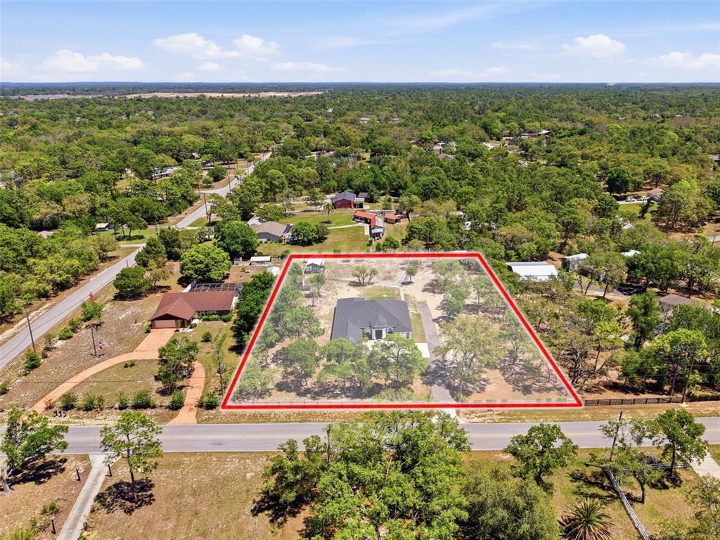 An aerial view shows a single-story house situated on a large, tree-filled residential lot — 18354 MONTEVERDE DRIVE, SPRING HILL, FL