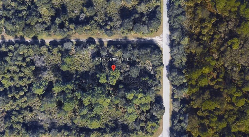 This is an aerial map view of a wooded, undeveloped lot next to a road — 18197 GARTH AVENUE, PORT CHARLOTTE, FL
