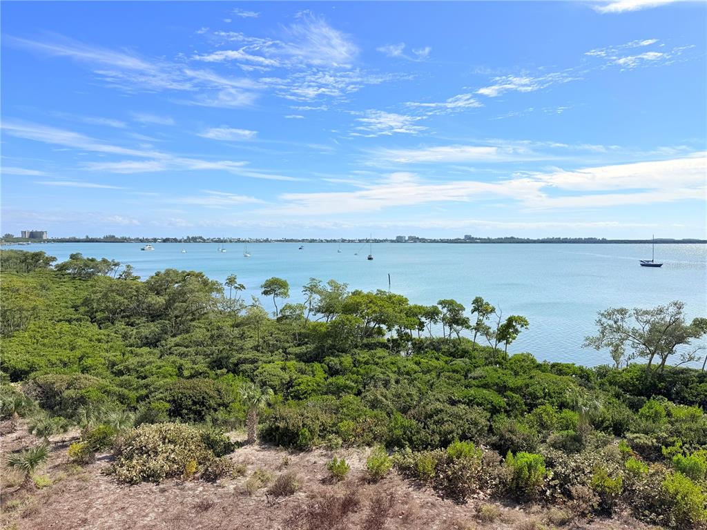 A view of a coastal bay with mangroves in the foreground and boats offshore — 29 HARBOUR ISLE UNIT PH01, HUTCHINSON ISLAND, FL
