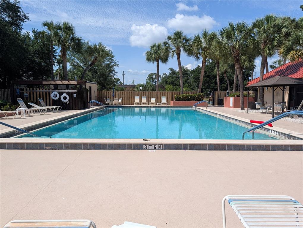 An outdoor swimming pool with lounge chairs and palm trees under a blue sky — 3006 CARING WAY UNIT 209, PORT CHARLOTTE, FL