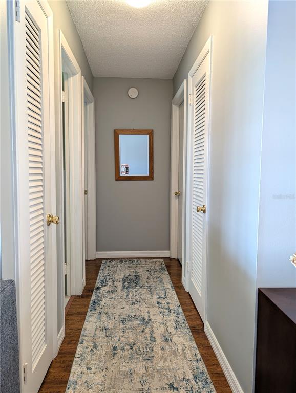 A hallway with wood-look flooring, a blue patterned runner, and white louvered closet doors — 4415 96TH AVENUE N, PINELLAS PARK, FL
