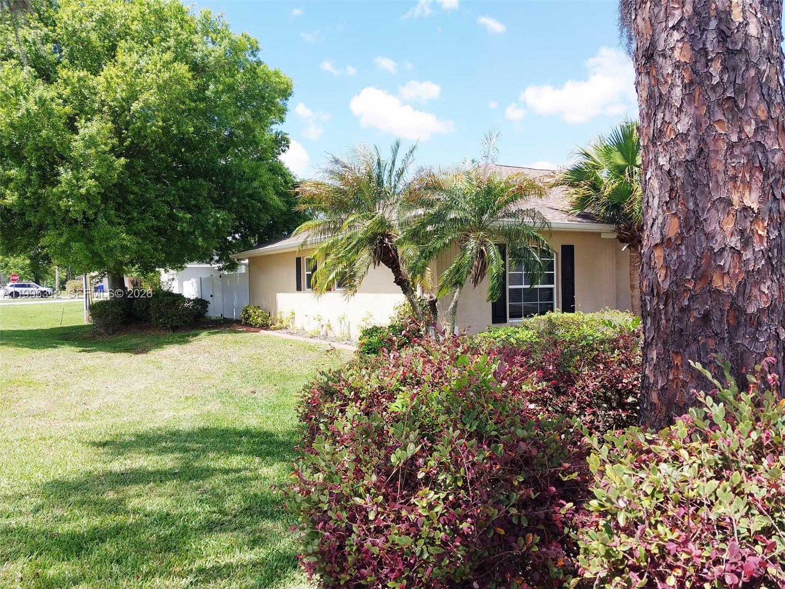 A single-story house with a tan exterior, black shutters, and palm trees in the yard — 4031 Santa Barbara, Sebring FL 33875, SEBRING, FL