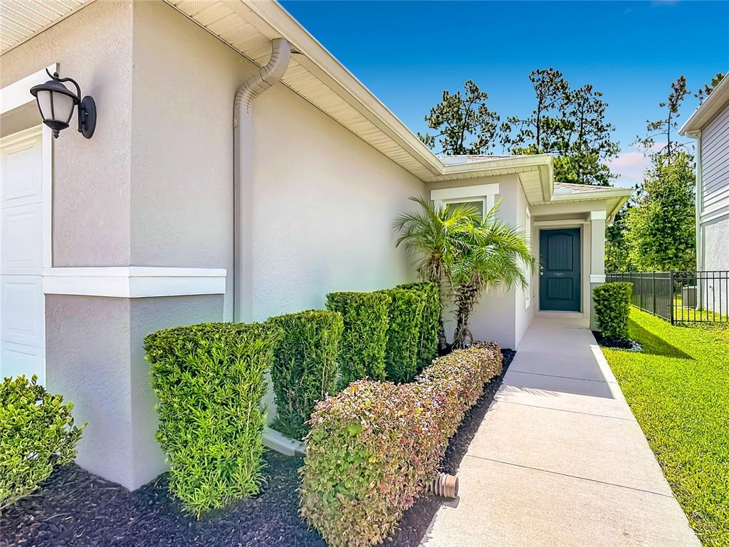 A concrete walkway leads to the front entrance of a house with manicured hedges — 386 PRESERVE POINTE BOULEVARD, DAVENPORT, FL