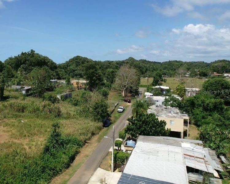 An aerial view shows a rural road winding through a landscape of vegetation and houses — BO. DOMINGUITO, SECTOR LOS COLONOS,, ARECIBO, PR