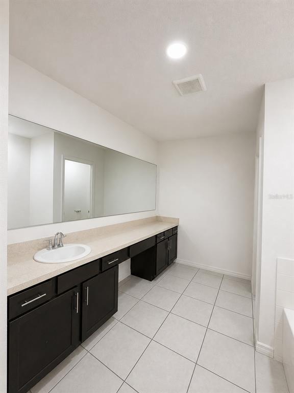 A bathroom features a long vanity with dark cabinets, a single sink, and a large mirror — 507 PINECREST LOOP, DAVENPORT, FL