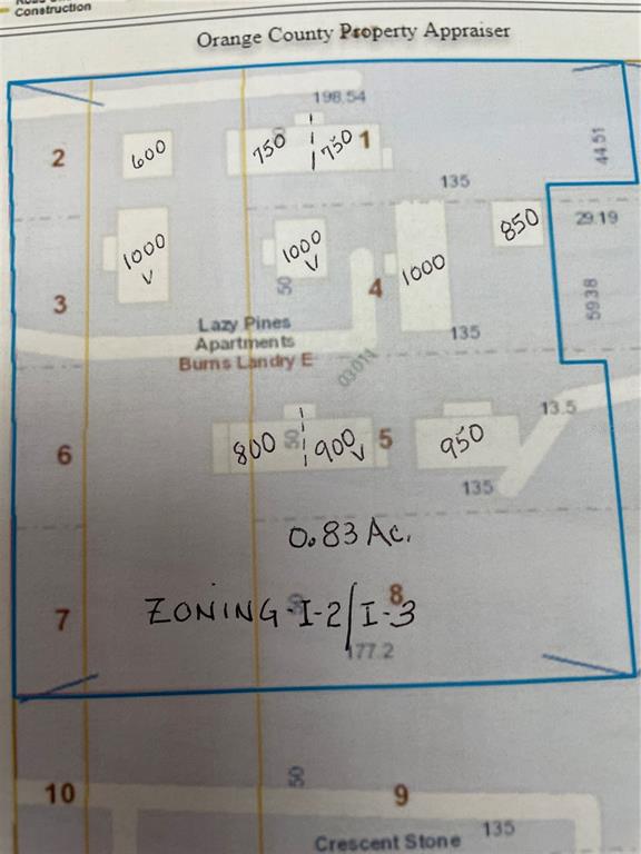 This is a property map showing building footprints, lot dimensions, and zoning information for an apartment complex — 2524 ORANGE BLOSSOM TRAIL NW, APOPKA, FL