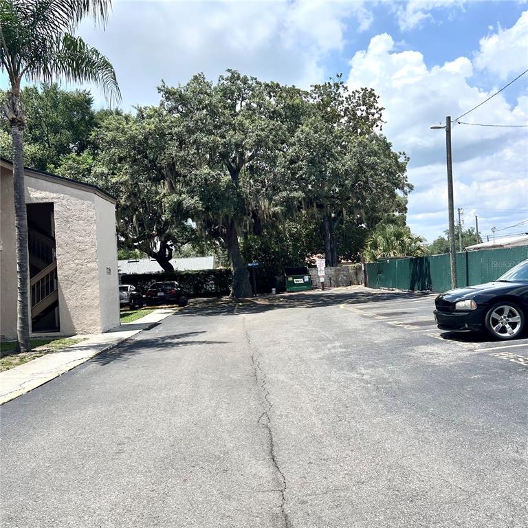 An outdoor parking lot features a large tree, a dumpster, and a building exterior — 7531 PITCH PINE CIRCLE UNIT 197, TAMPA, FL