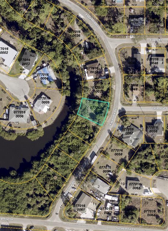 This is an aerial map showing residential property lot lines and parcel numbers — TBD ESPANOLA DRIVE, NORTH PORT, FL