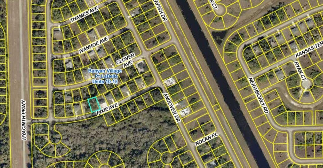 This is an aerial map showing residential lots and streets in a suburban neighborhood — 108 Pixie Avenue, FL 33935, FL
