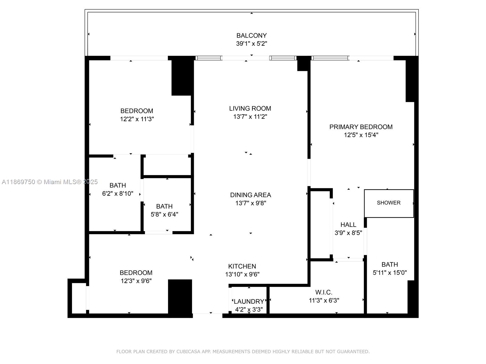 This is a floor plan for a three-bedroom apartment with a balcony and laundry area — 92 SW 3rd St # 3803, Miami FL 33130, MIAMI, FL